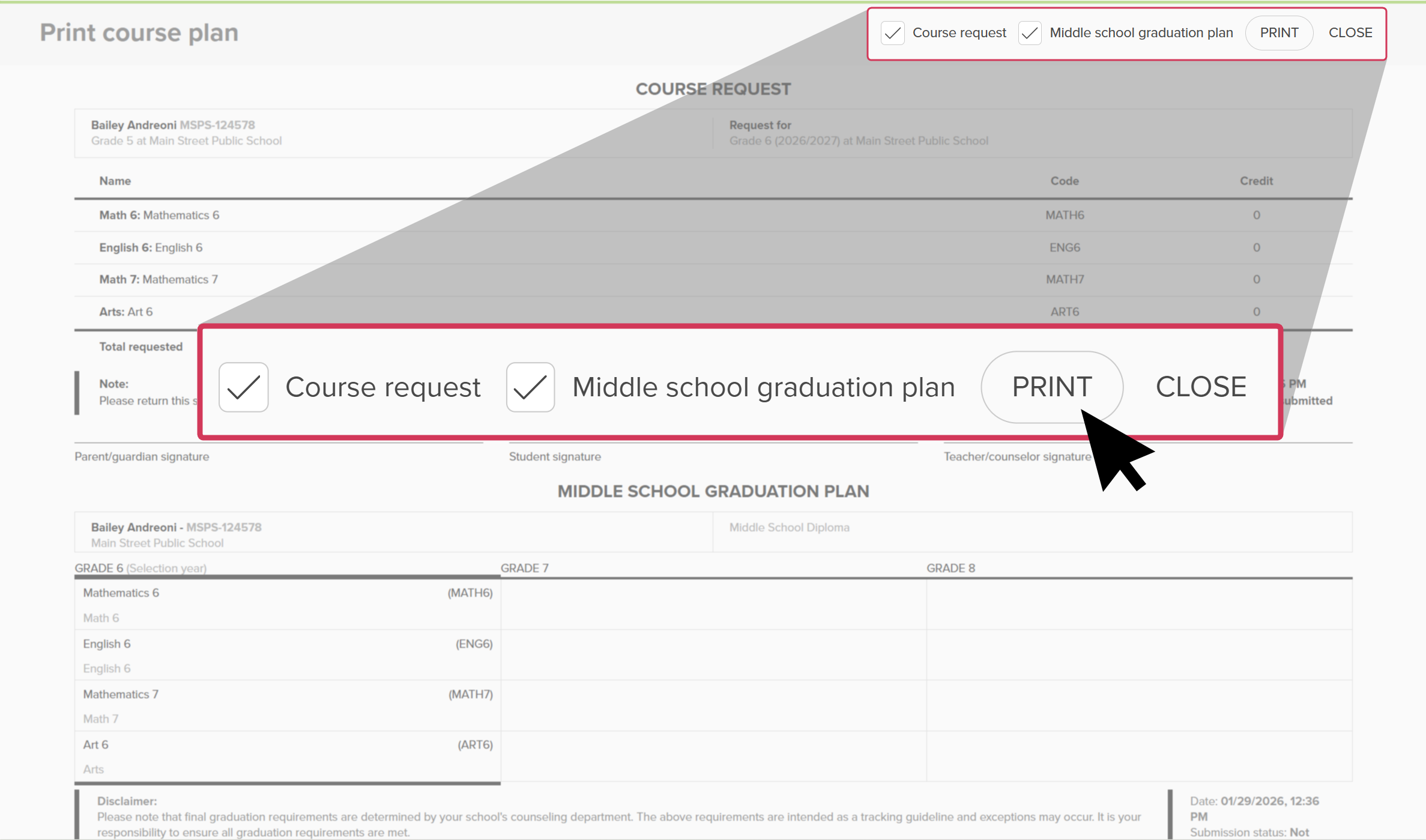 The "Print course plan" page for a student. The cursor is clicking the Print button.